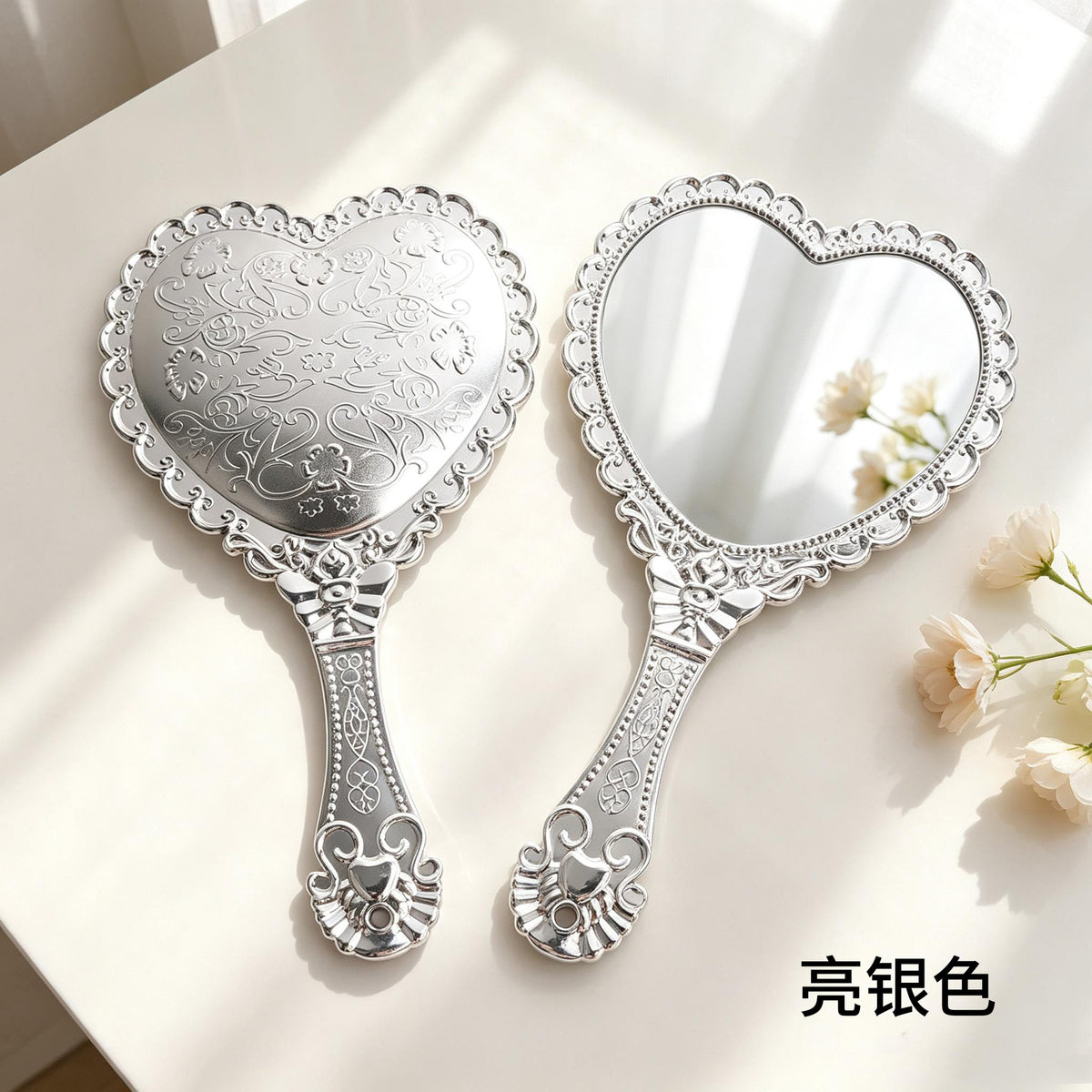 亚马逊热卖欧式复古花边镜电镀爱心手持镜浮雕花纹法式风补妆镜子