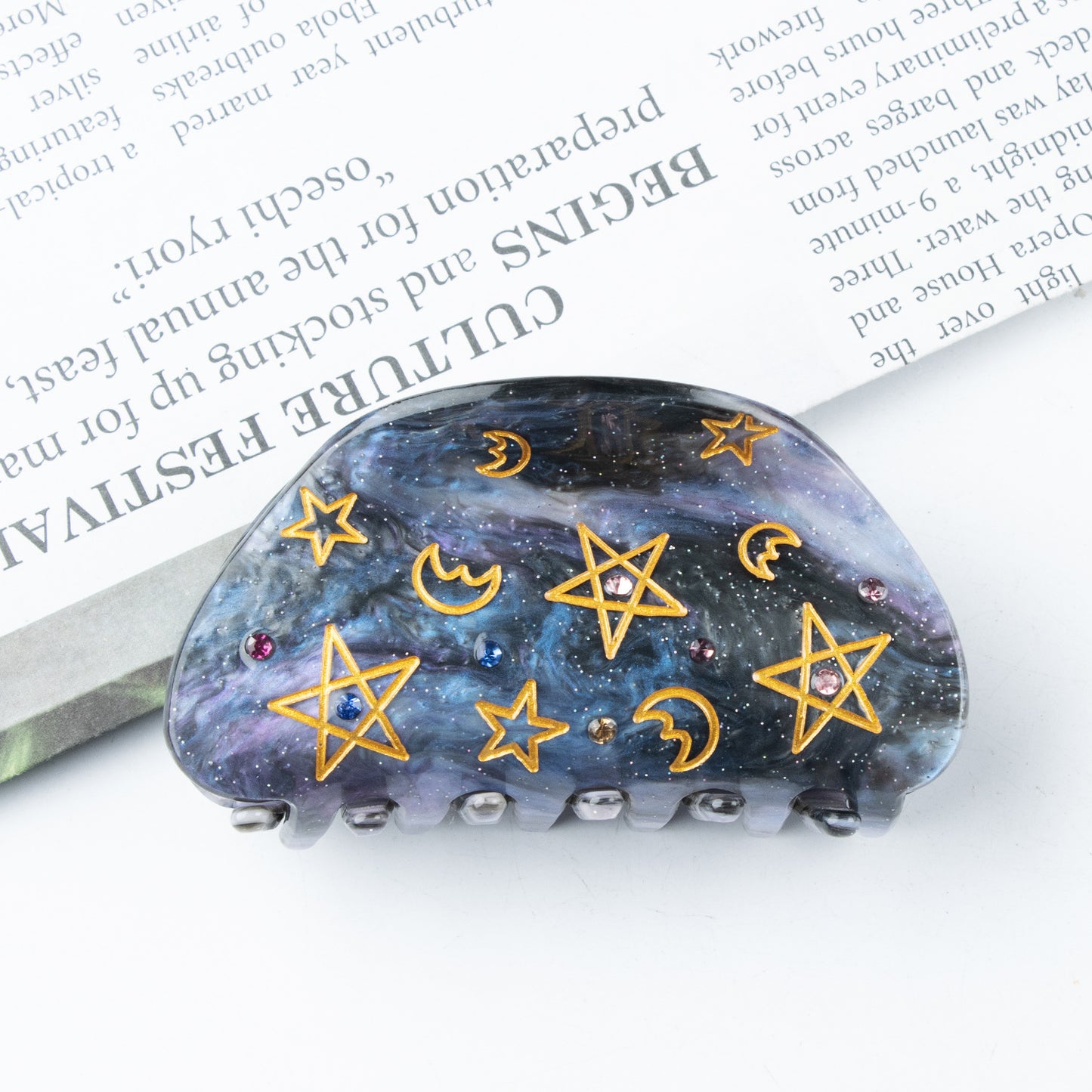 月亮五角星发夹金线彩色饰品钻石8月新品亚克力8公分葱粉儿童抓夹