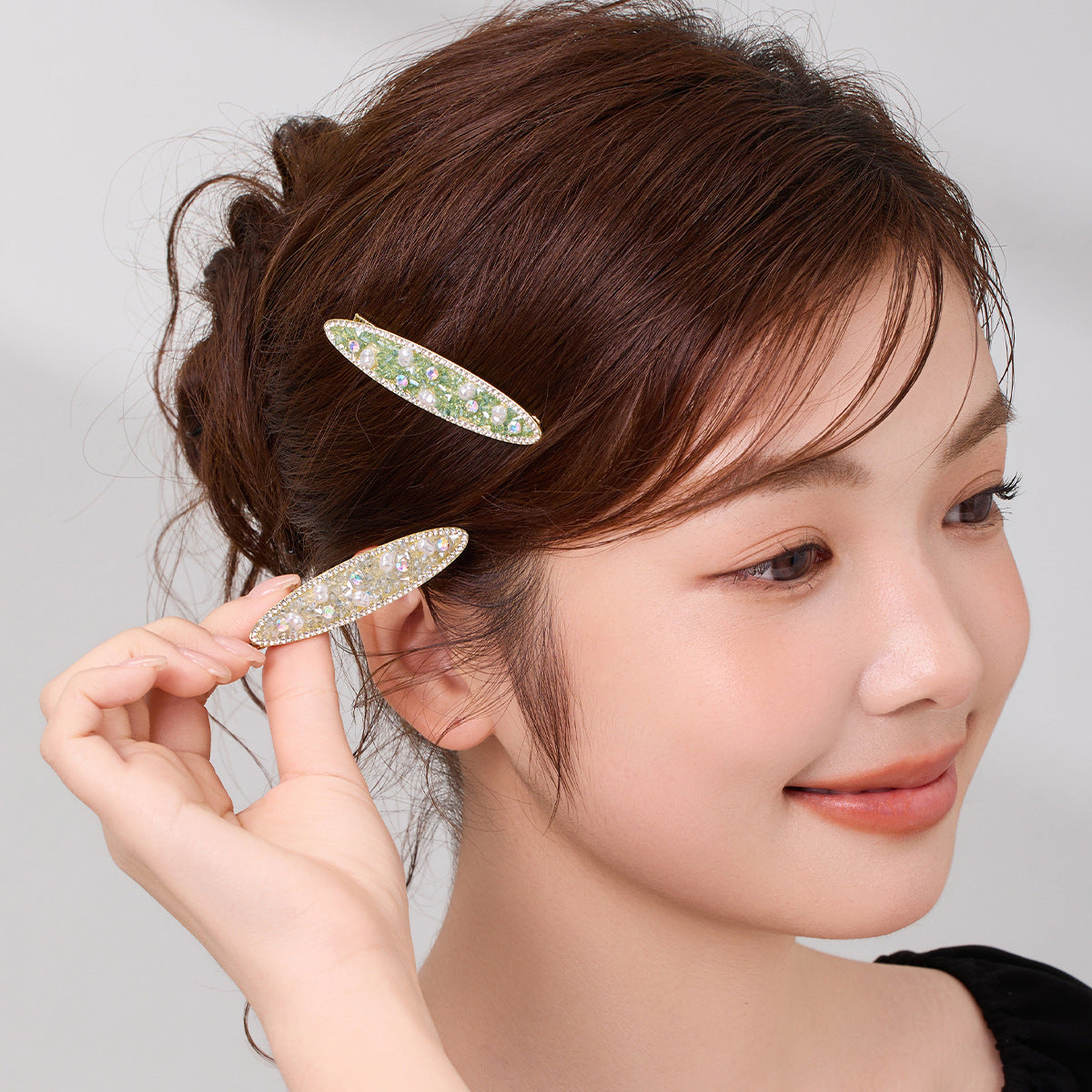 韩版新款超仙网红珍珠碎水晶发夹森系侧边夹金属鸭嘴夹女甜美发饰