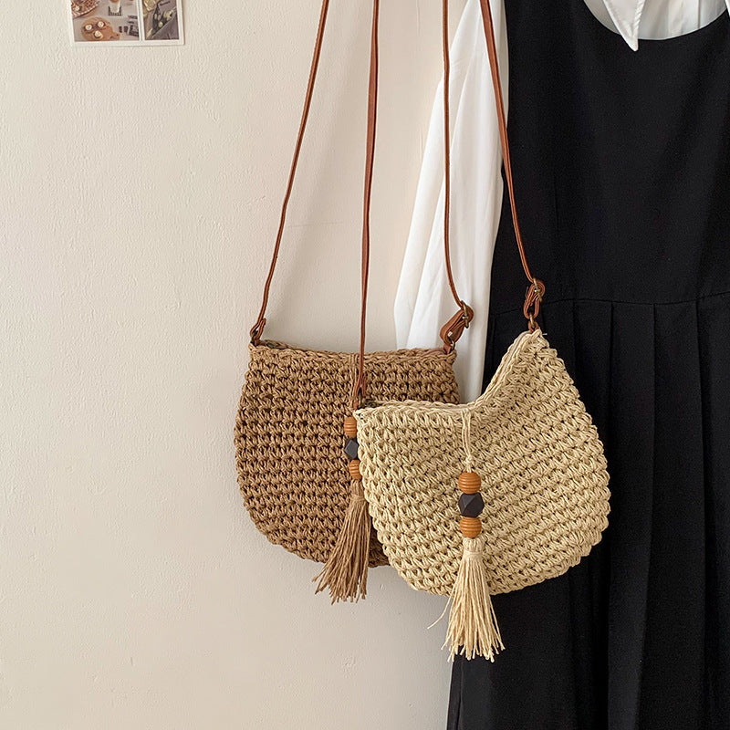 Bacio - Straw Crossbody Bag with Tassel and Wooden Bead