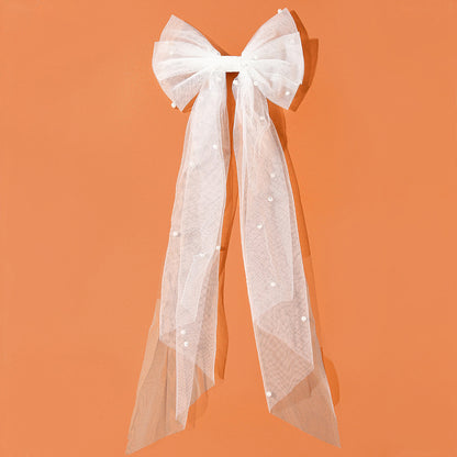 Tulle Ribbon Pearl Bow Hair Clip