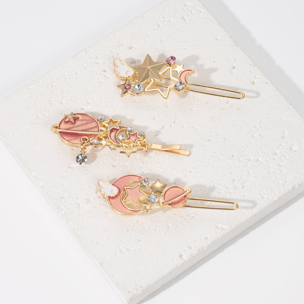 Pink celestial cat three piece hair clip set