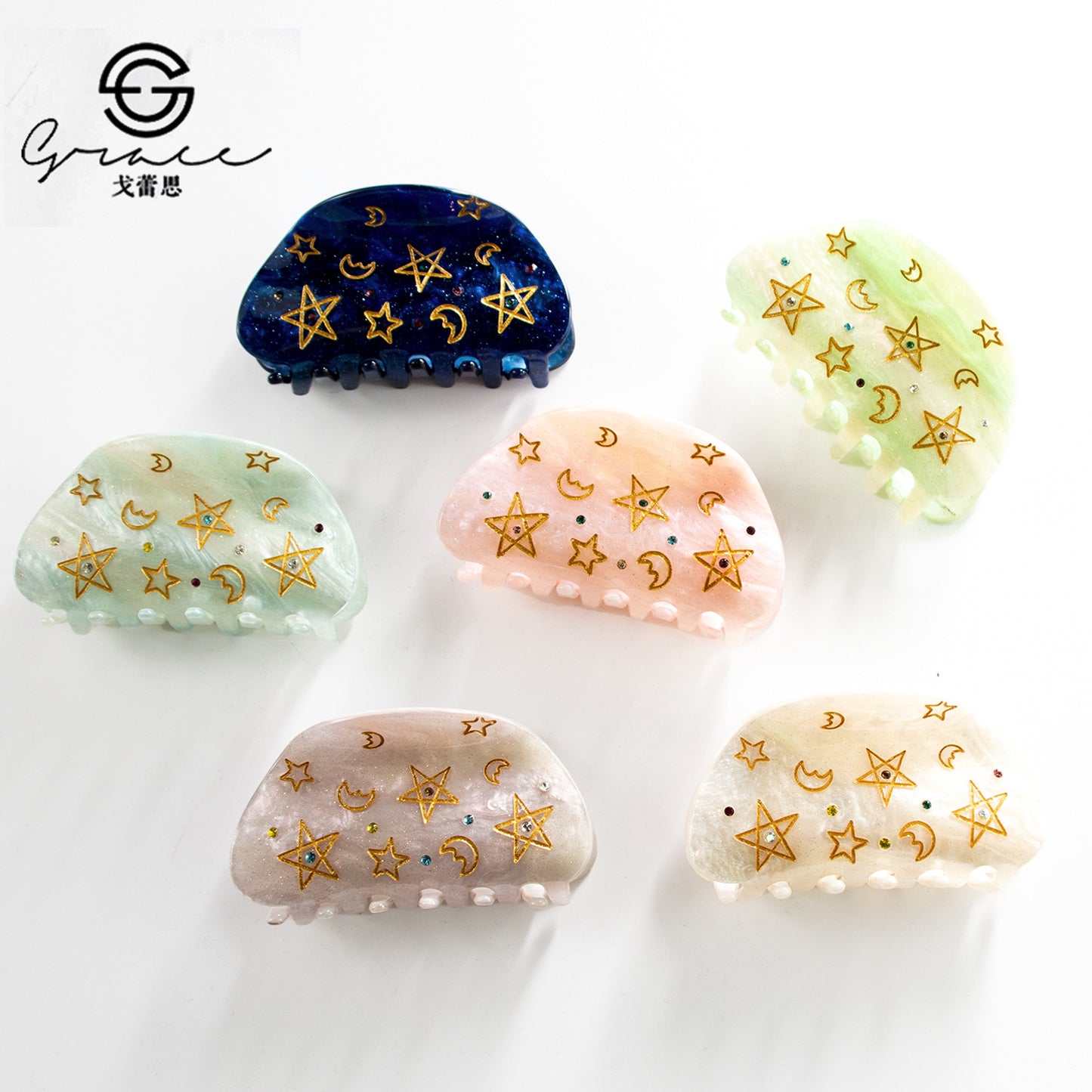 月亮五角星发夹金线彩色饰品钻石8月新品亚克力8公分葱粉儿童抓夹
