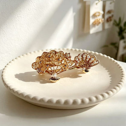 古风双扇子水晶发夹复古气质珍珠鸭嘴夹侧边刘海夹碎发夹子头饰女