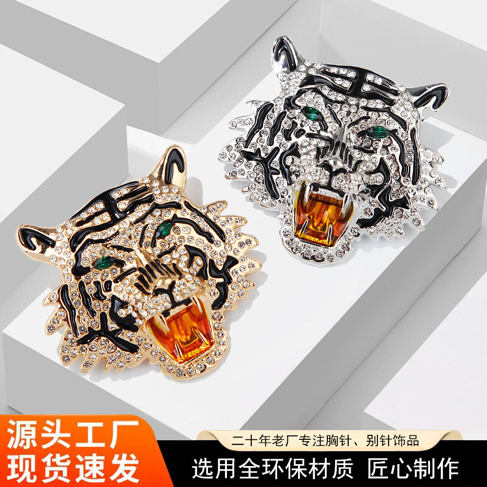 欧美个性镶钻老虎头胸针别针男女brooch动物徽章滴油水钻胸花