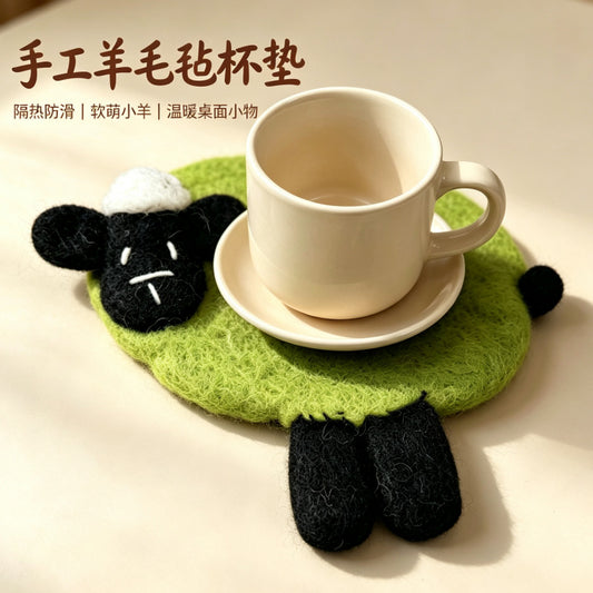 尼泊尔手工可爱卡通小羊毛毡杯垫山羊发隔热垫餐垫文创礼品工厂批