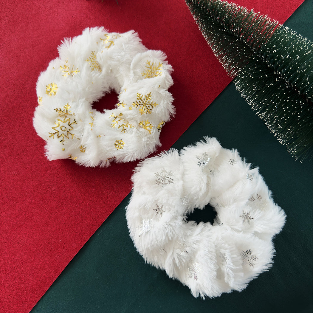 Gold and silver Christmas snowflake plush scrunchies