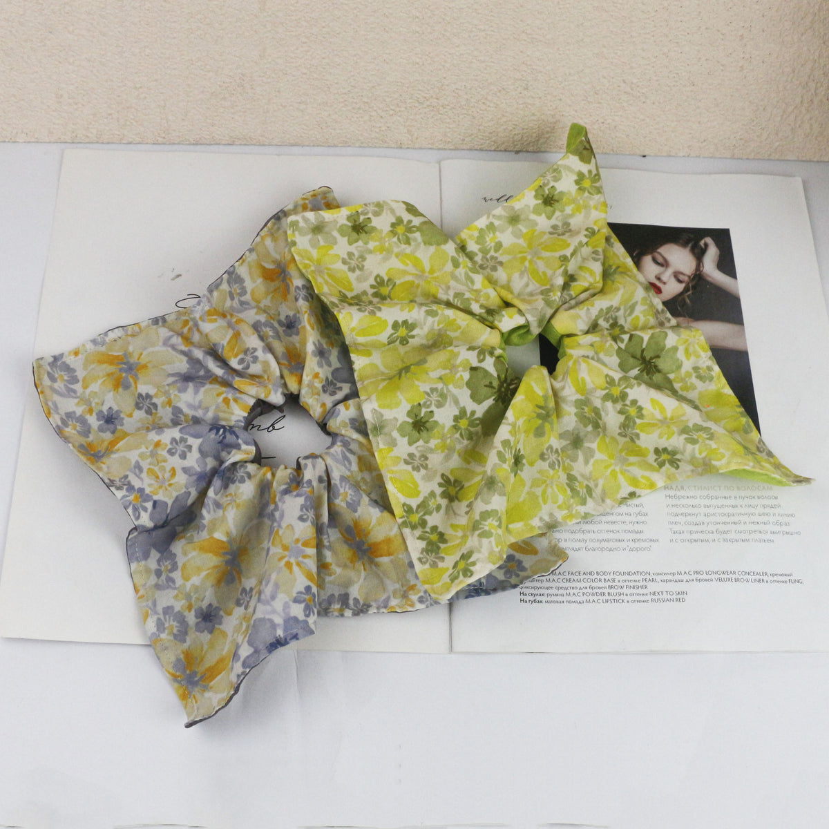 春日清新水彩碎花四角蝴蝶结大肠发圈女田园风布艺印花头绳发饰