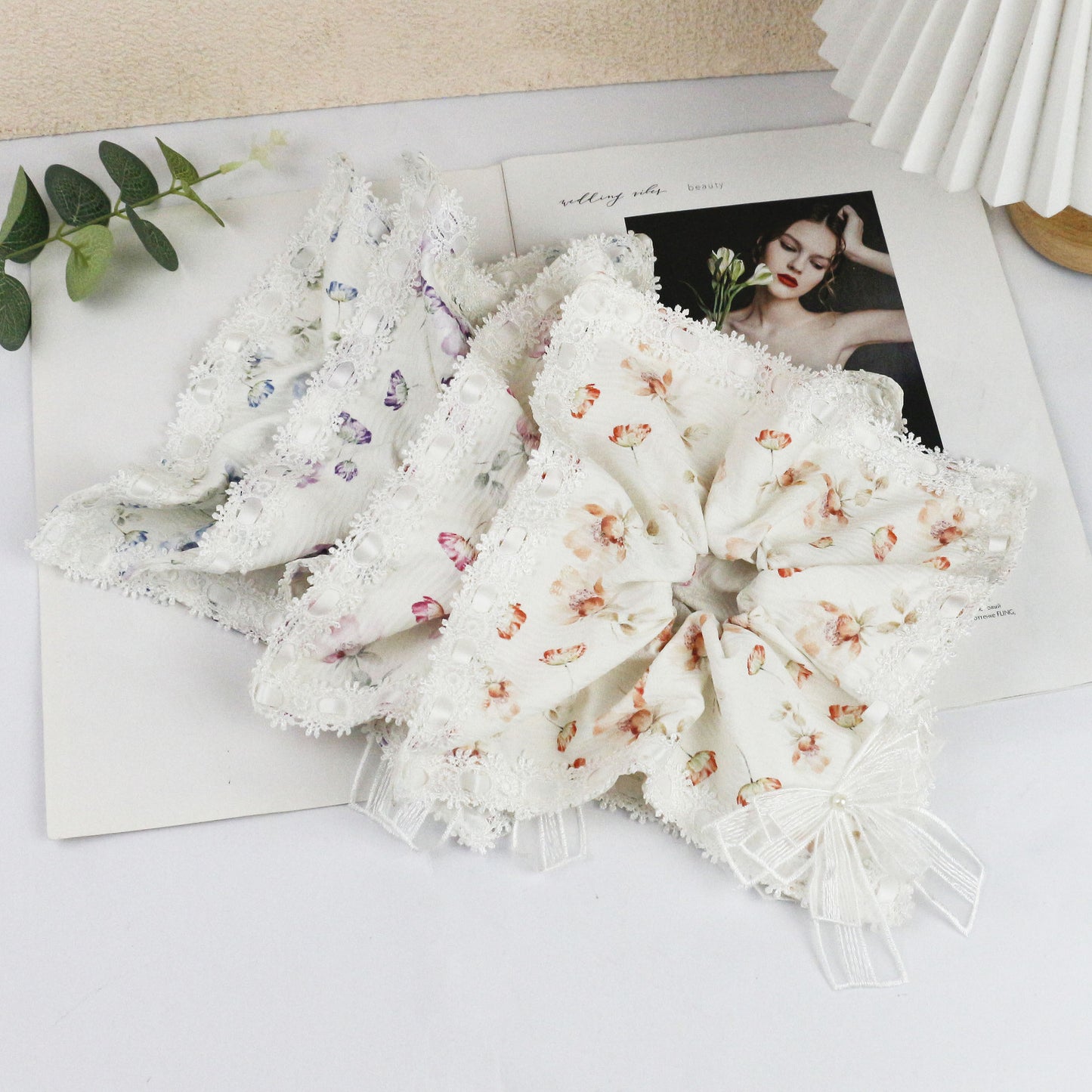 新品田园风碎花波浪蕾丝花边发圈女大号方巾蕾丝花边饰品百搭扎发