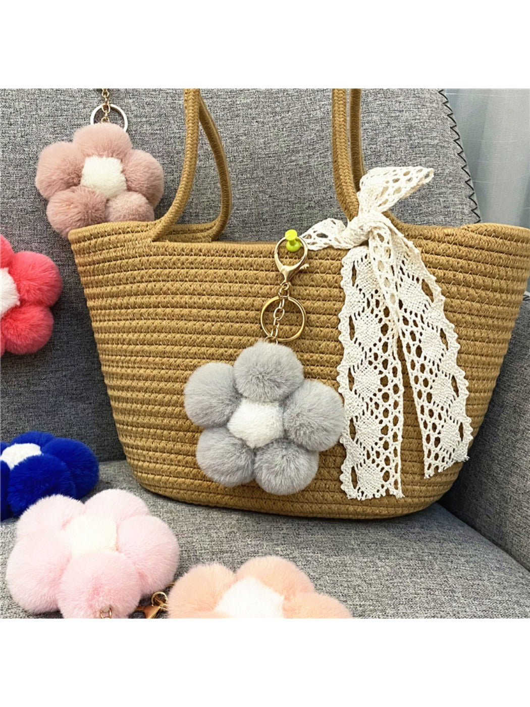 Keypus - Flower Pompom Bag Charm Keychain