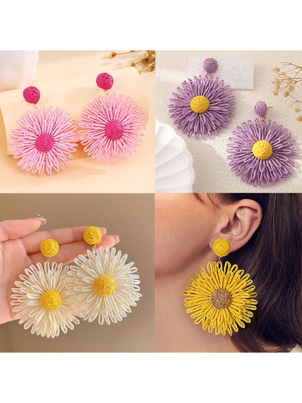 Close-up of colorful floral raffia statement drop earrings on white background