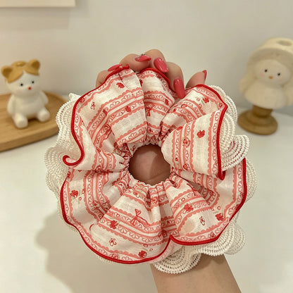 Gifty - Red Plaid Floral Lace Trim Fabric Scrunchie