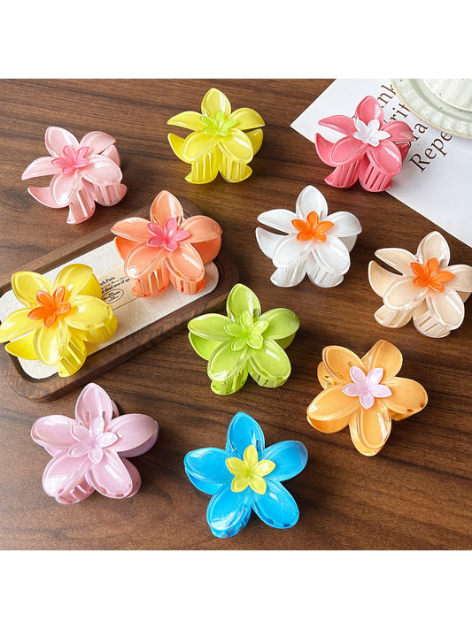 Beau - Glossy Flower Shape Plastic Alloy Claw Clip