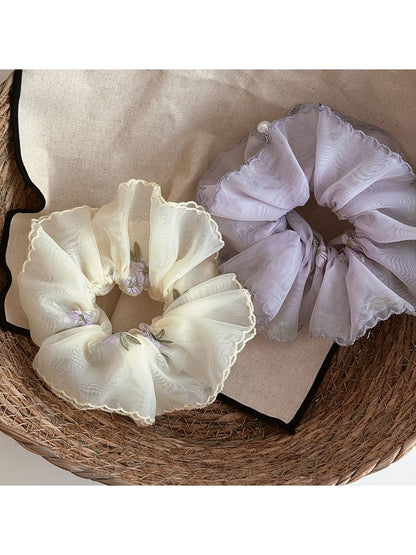Gifty - Embroidered Sheer Ruffled Floral Scrunchie