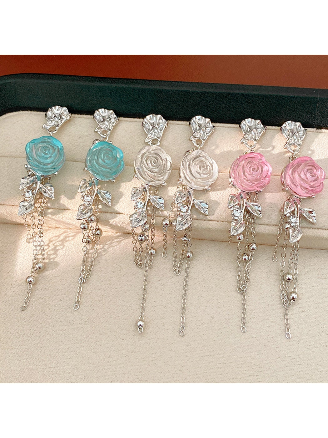 Earedge - Alloy Floral Tassel Dangle Stud Earrings