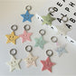 Close-up of a silver five pointed star pendant keychain on a white background