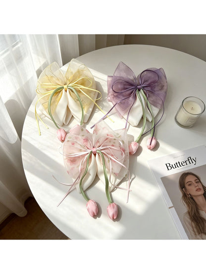 Beau - Tulip Bow Ribbon Ponytail Floral Hair Clip