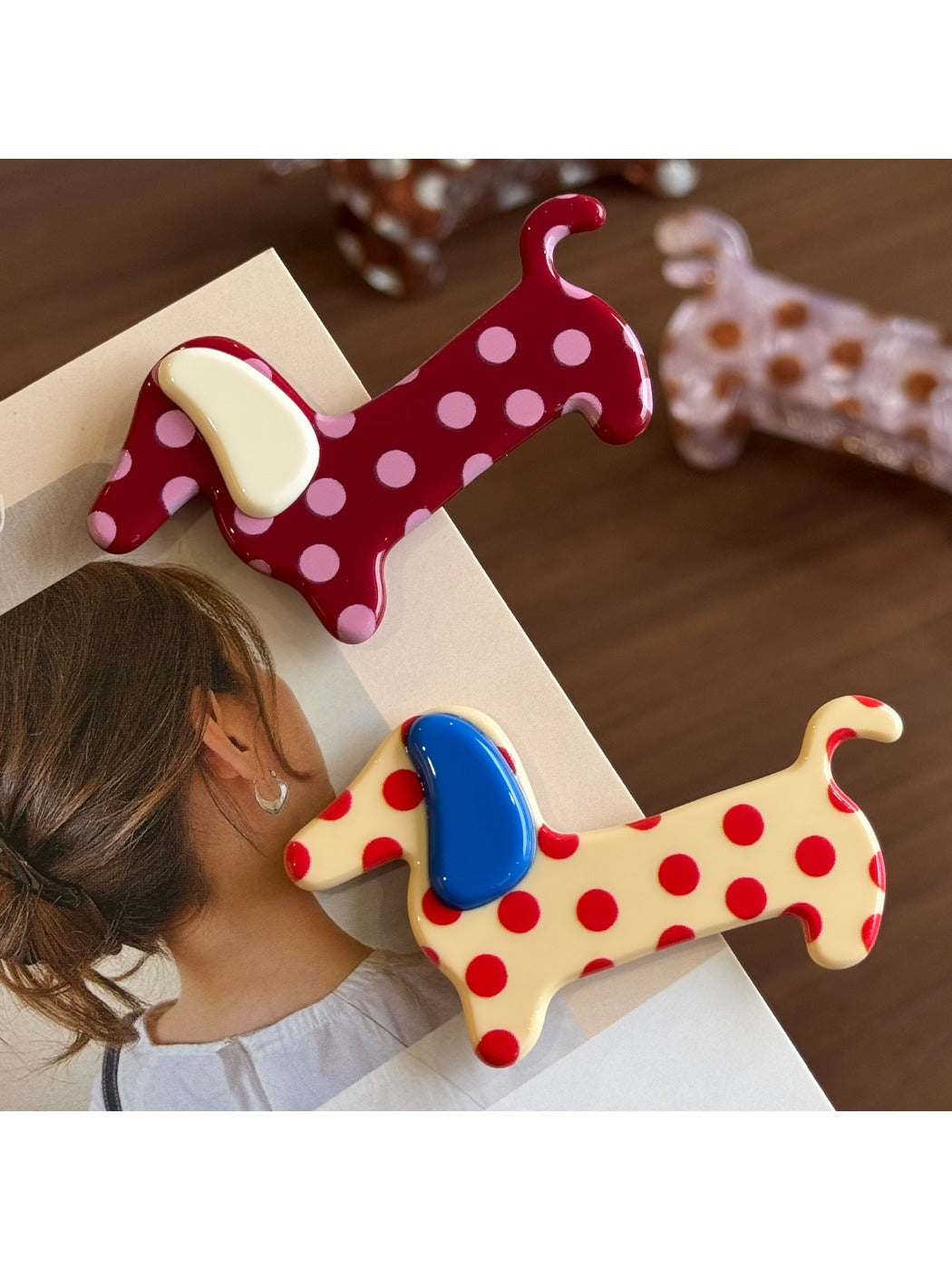 Beau - Polka Dot Dog Shape Acetate Claw Clip