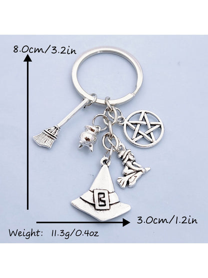 Side view of silver witch hat keychain showing broom detail