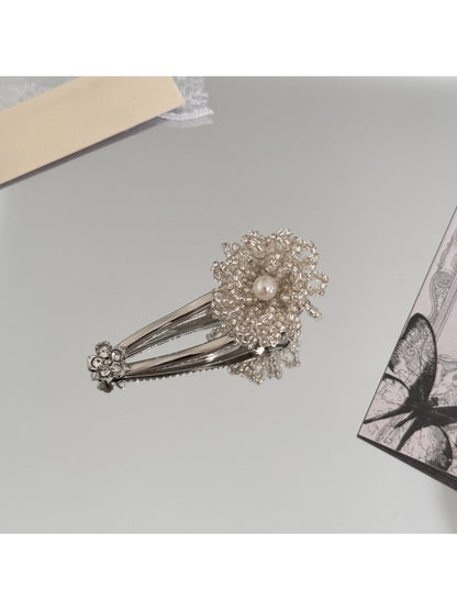 Beau - Beaded Flower Alloy Bangs Hair Clip