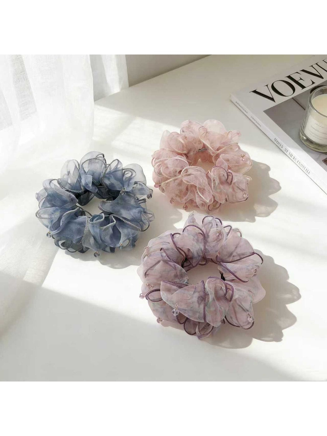 Gifty - Floral Mesh Ruffle Trim Scrunchie