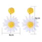 Pair of earedge Bohemian daisy floral raffia stud earrings displayed on wooden surface