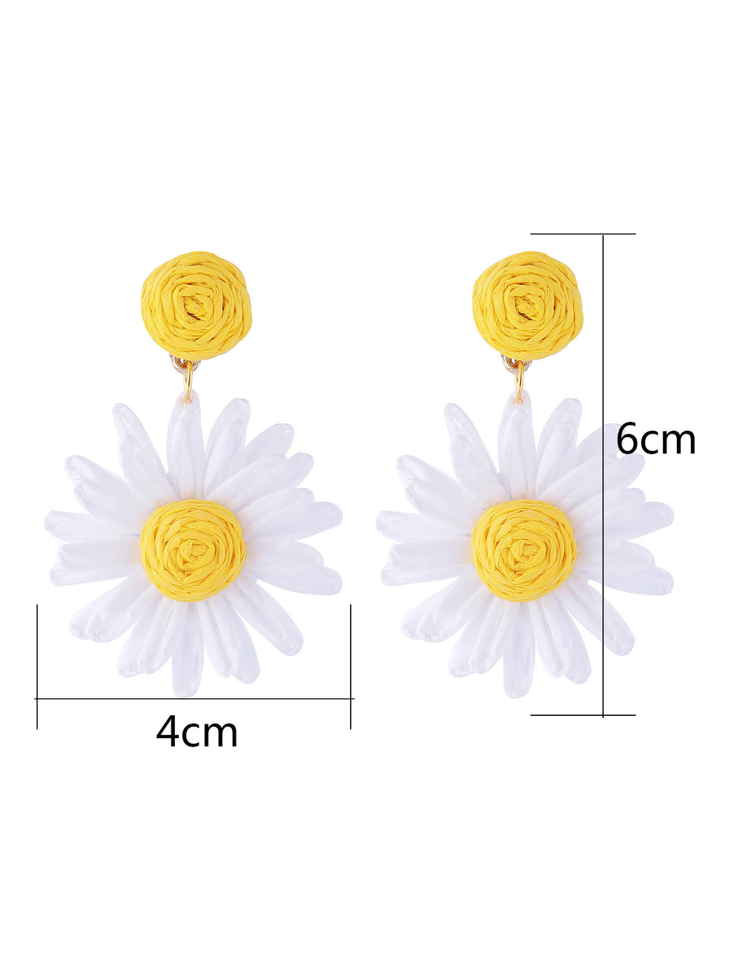 Pair of earedge Bohemian daisy floral raffia stud earrings displayed on wooden surface