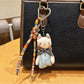 Close-up of cat charm keychain showing detailed cat face design