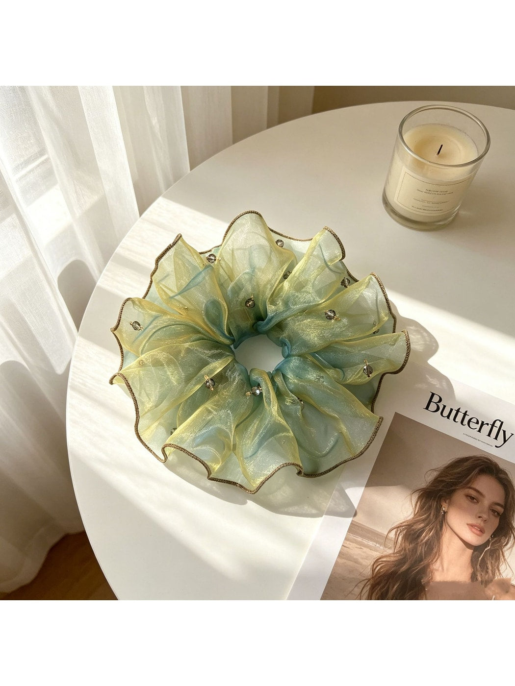 Gifty - Ruffled Sheer Bead Detail Polyester Scrunchie