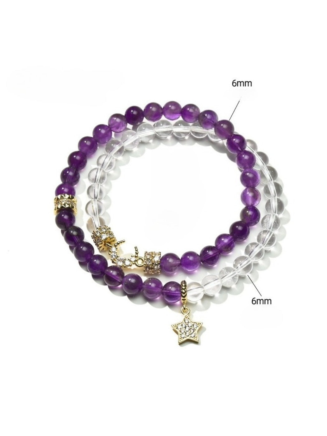 Model wearing Lovra elegant amethyst double wrap beaded bracelet on wrist with casual outfit