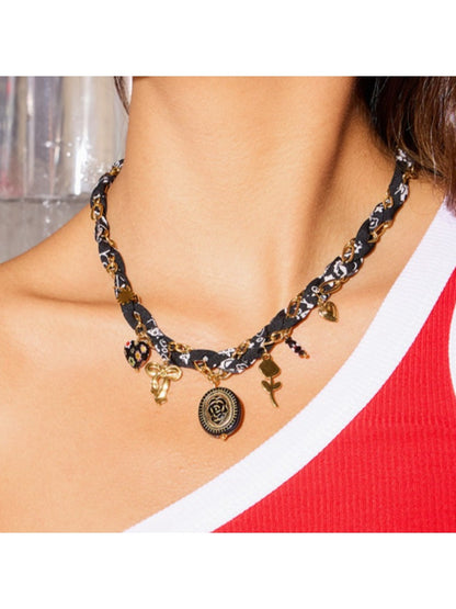 Earedge - Floral Patterned Cord And Chain Necklace