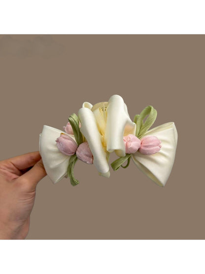 Beau Sweet Tulip Pattern Hair Clip showing pink and white tulip design on a rectangular clip