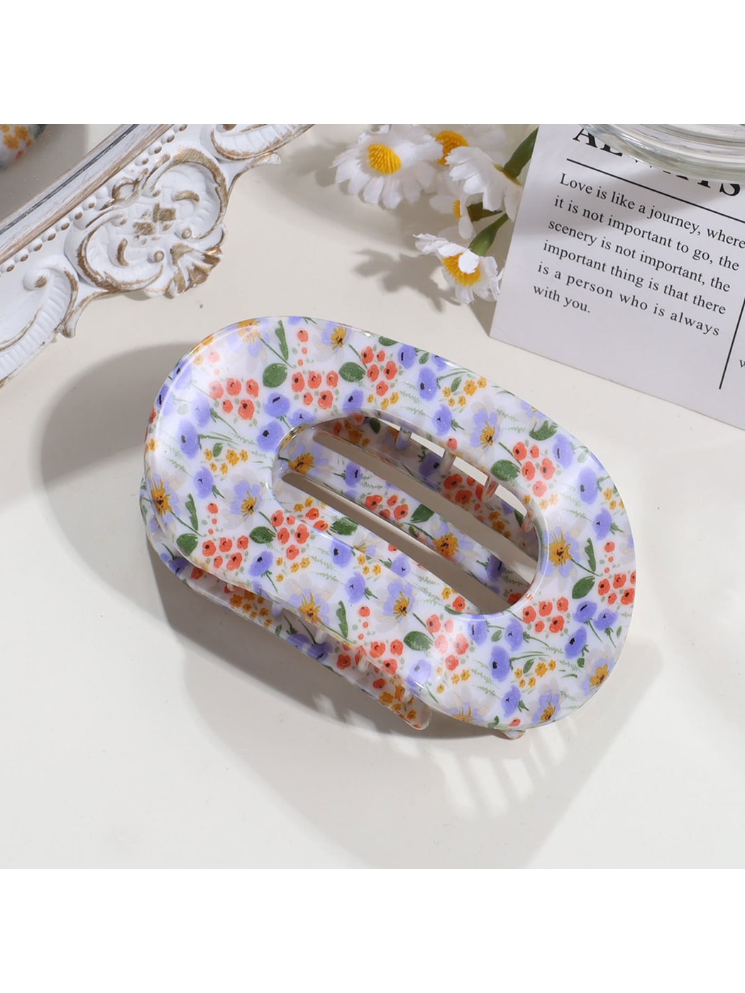 Beau - Floral Print Flat Oval Spring Claw Clip