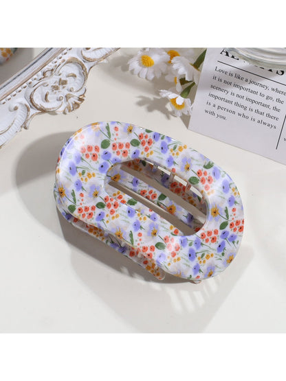 Beau - Floral Print Flat Oval Spring Claw Clip