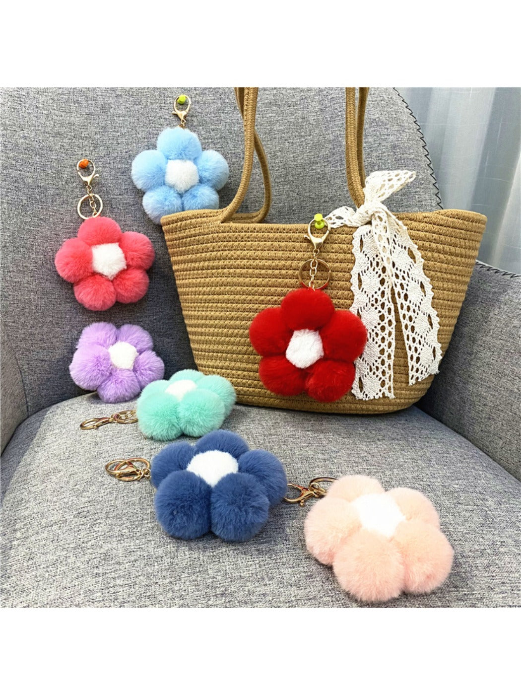 Keypus - Flower Pompom Bag Charm Keychain