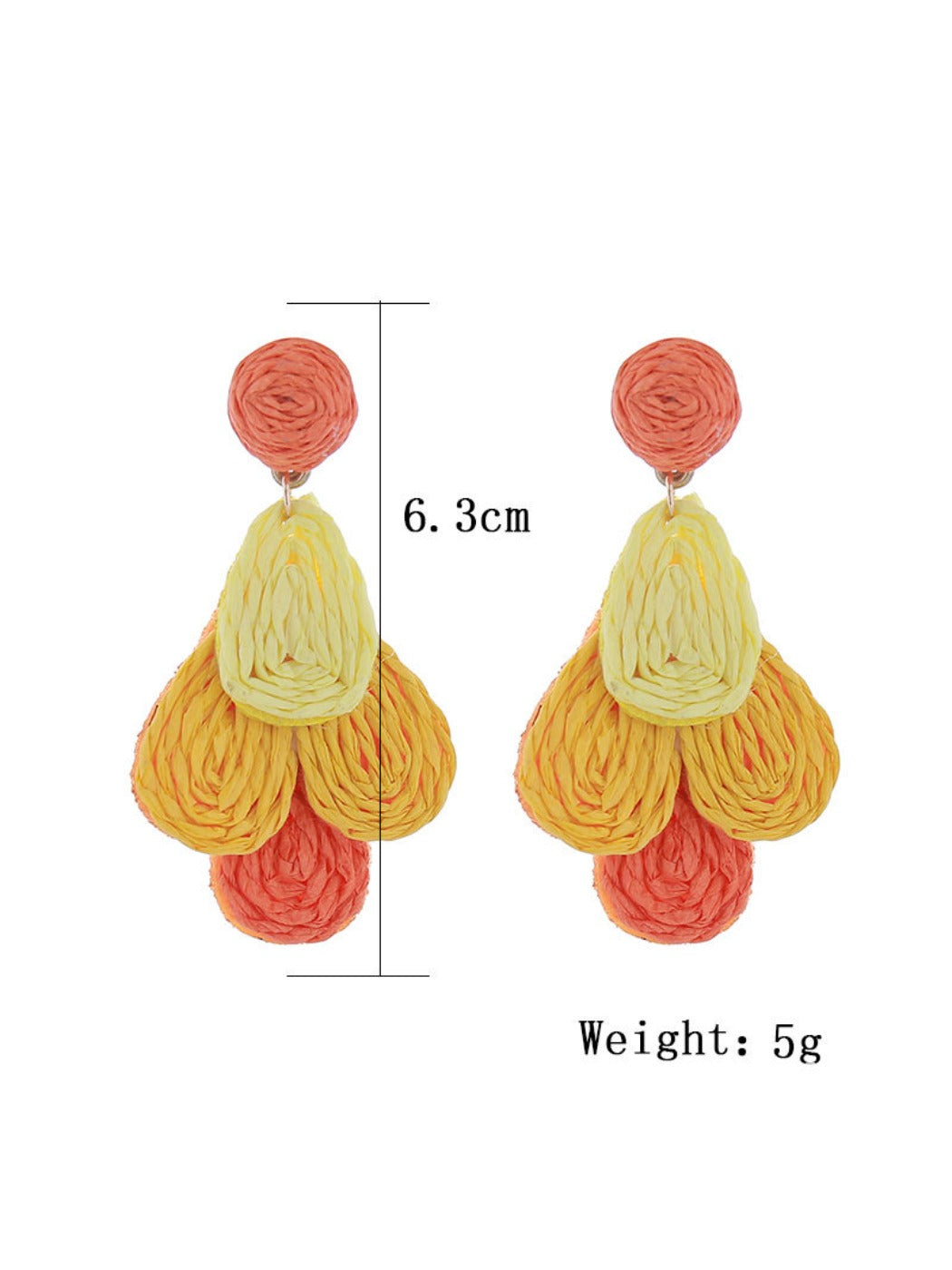 Side view of Earedge color block raffia drop earrings highlighting lightweight design