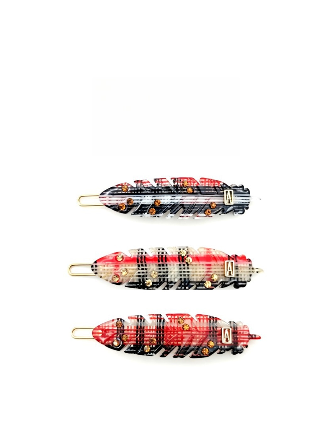 Beau - Check Pattern Feather Detail Acetate Side Barrette