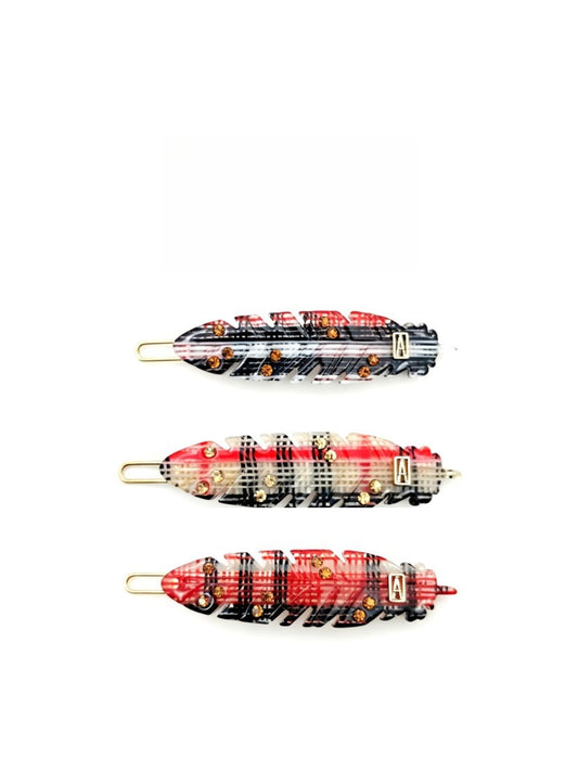 Beau - Check Pattern Feather Detail Acetate Side Barrette