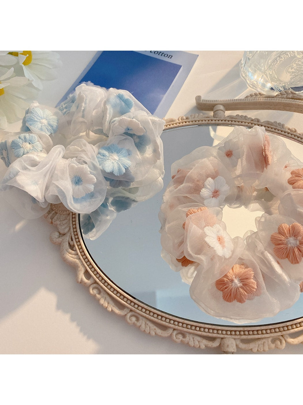 Gifty - Embroidered Flower Organza Look Scrunchie