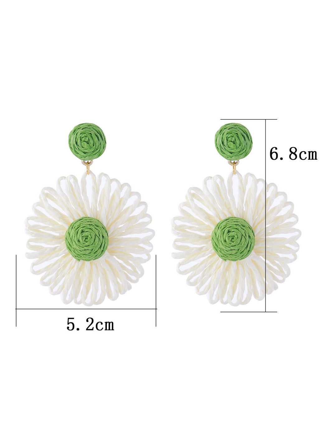 Earedge raffia flower shaped drop earrings displayed hanging on a stand