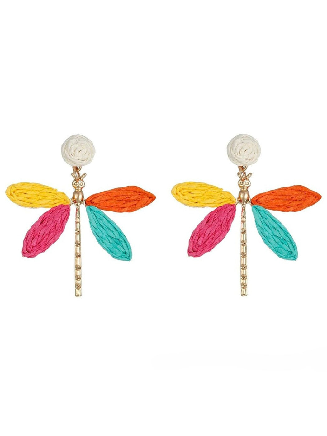 Raffia dragonfly earrings hanging from a jewelry stand