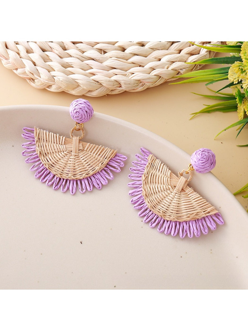 Earedge raffia fan shaped drop earrings styled with summer dress