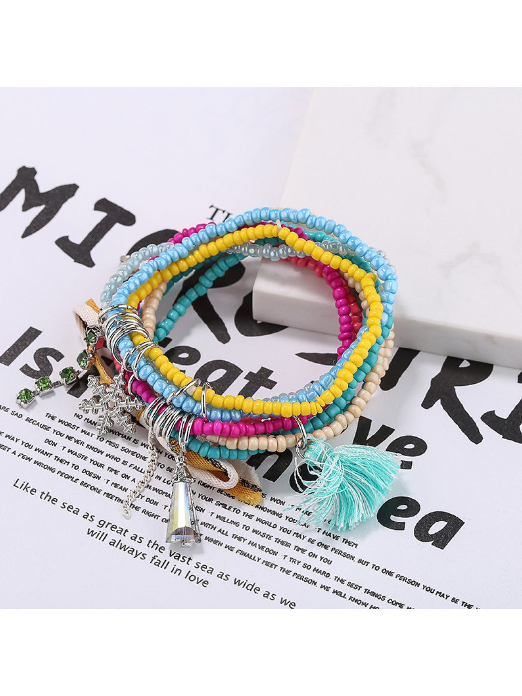Lovra chic multi strand beaded bracelet styled with casual outfit on model
