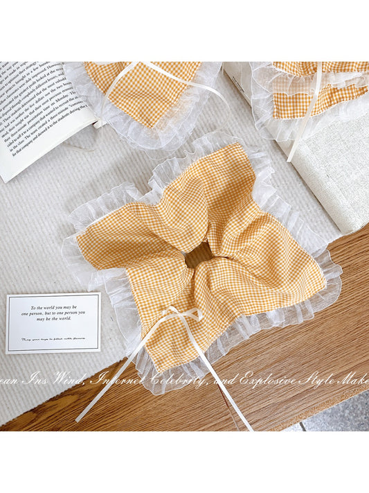 Gifty - Yellow Plaid Hair Tie with Lace