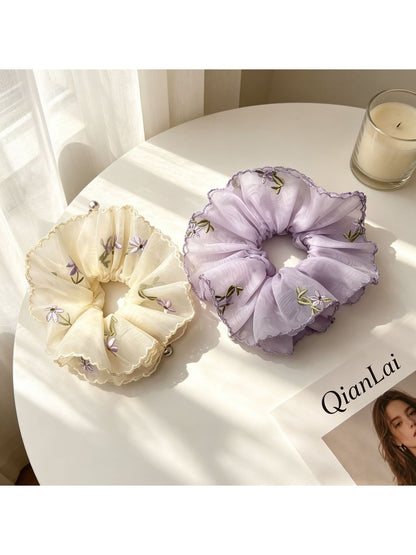 Gifty - Embroidered Floral Mesh Ruffle Edge Scrunchie