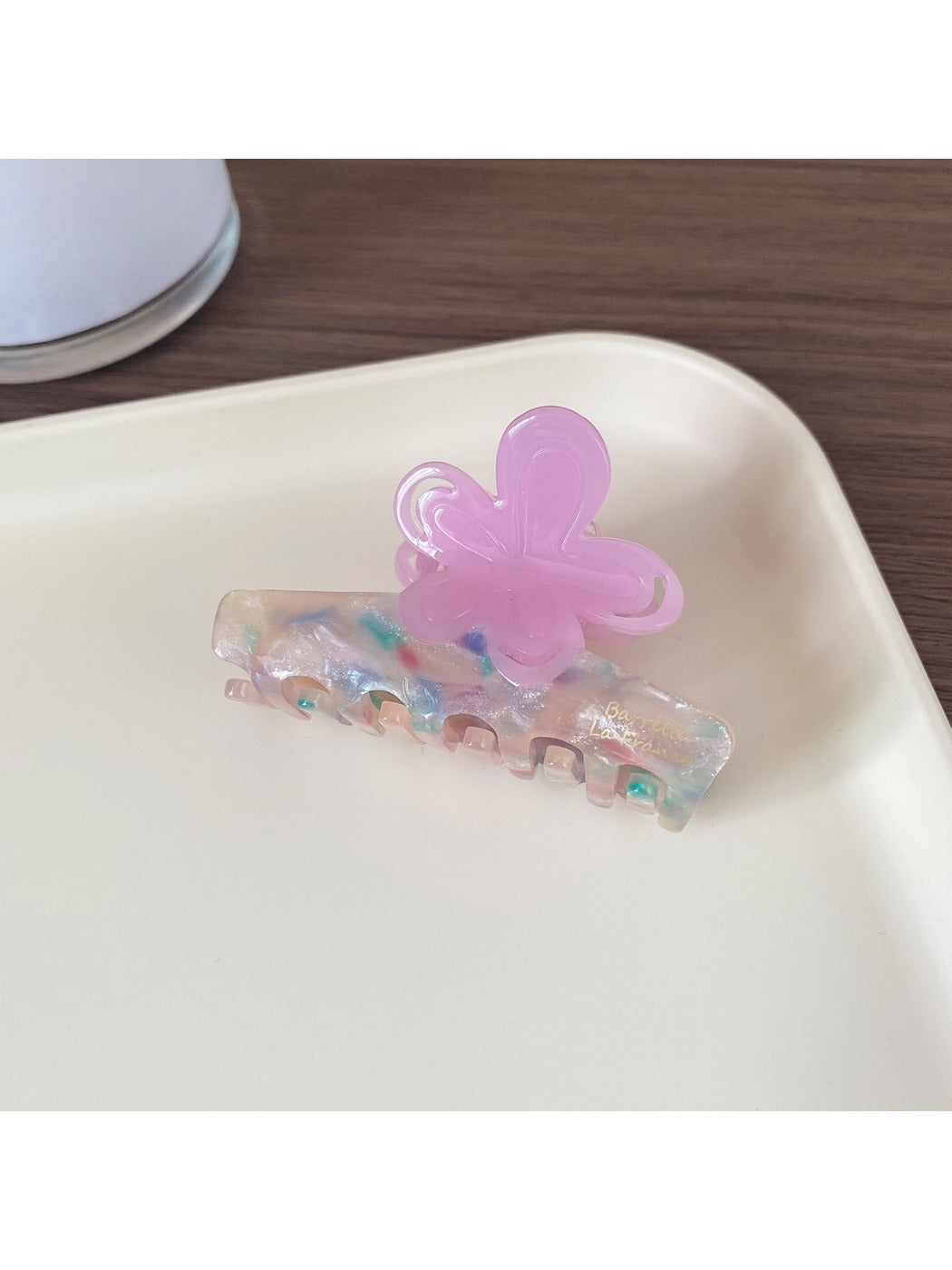 Beau Half Moon Flower Hair Claw Clip open, showing inner clasp and hinge details