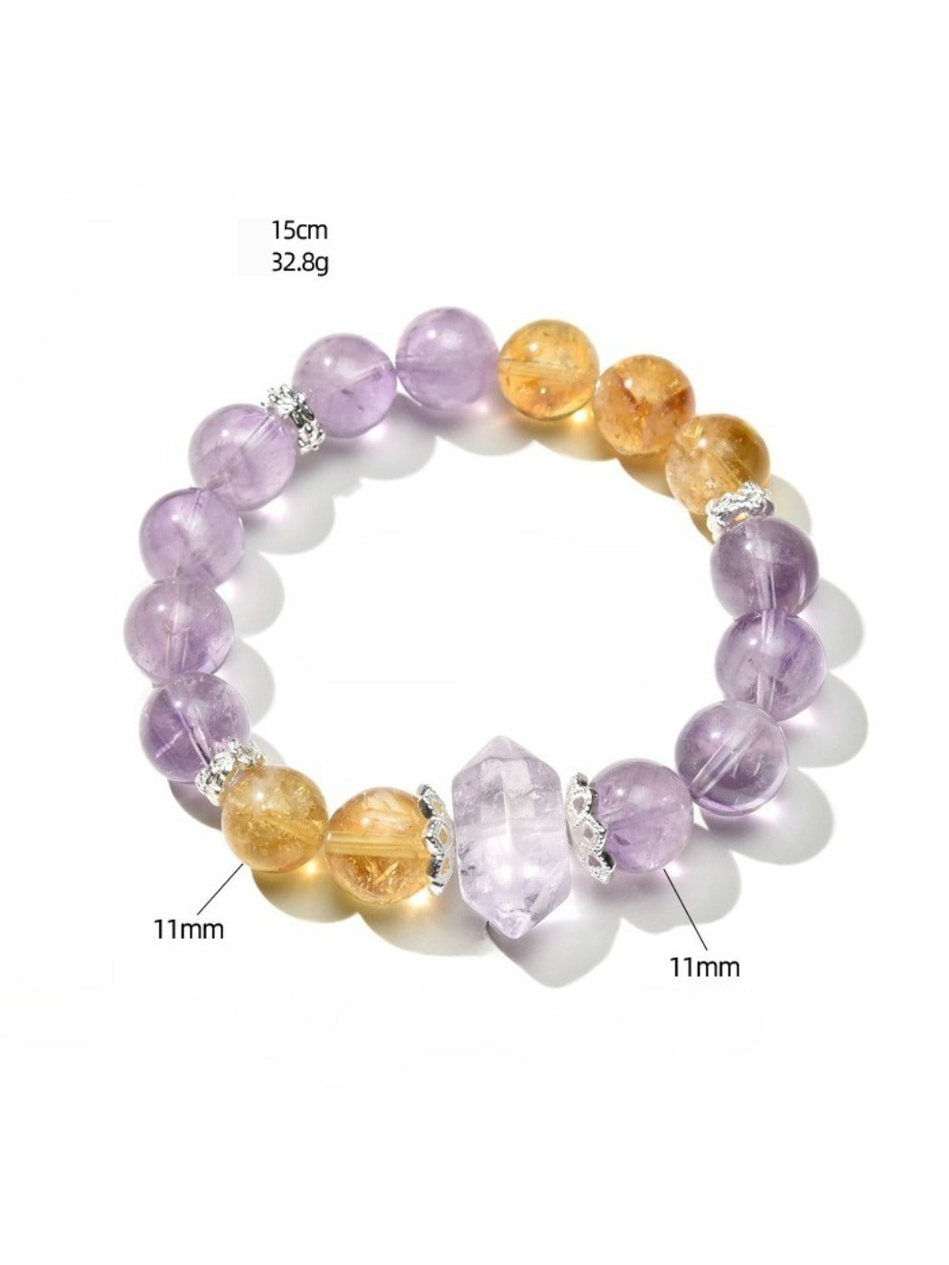 Close-up of Lovra purple and yellow crystal beaded bracelet on white background