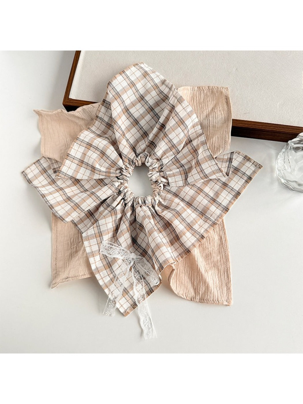 Plaid lace bow bandana scrunchie displayed flat showing fabric texture