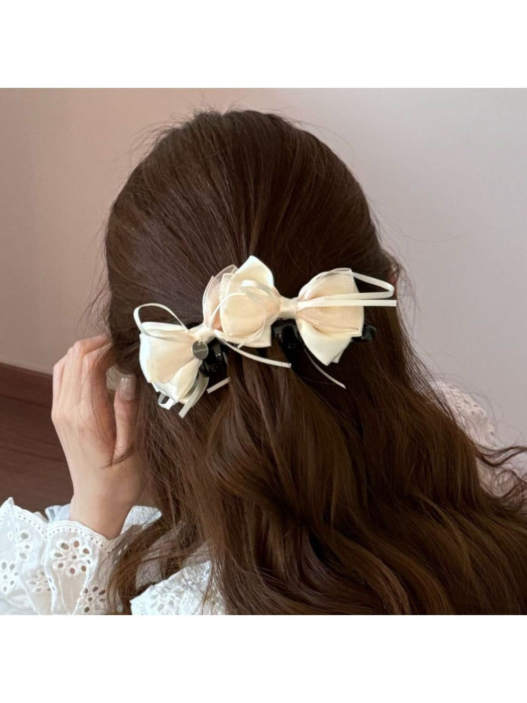 Beau Sweet Bow Banana Clip worn in long hair, styled in a half-updo