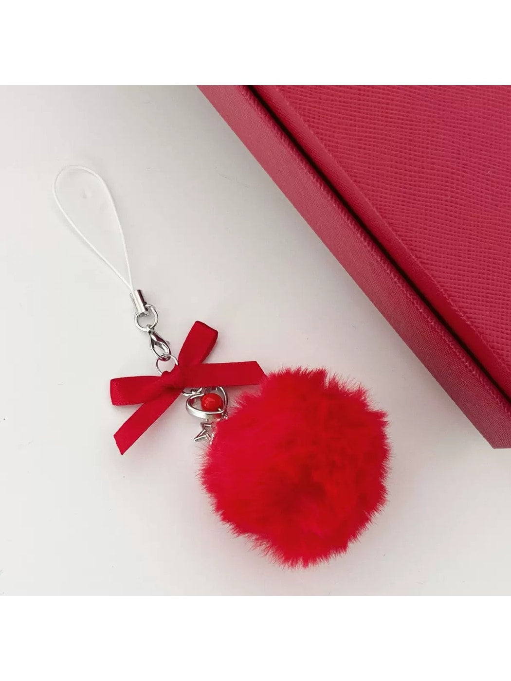 Keypus - Beaded Heart Bow Pom Pom Bag Charm Keychain
